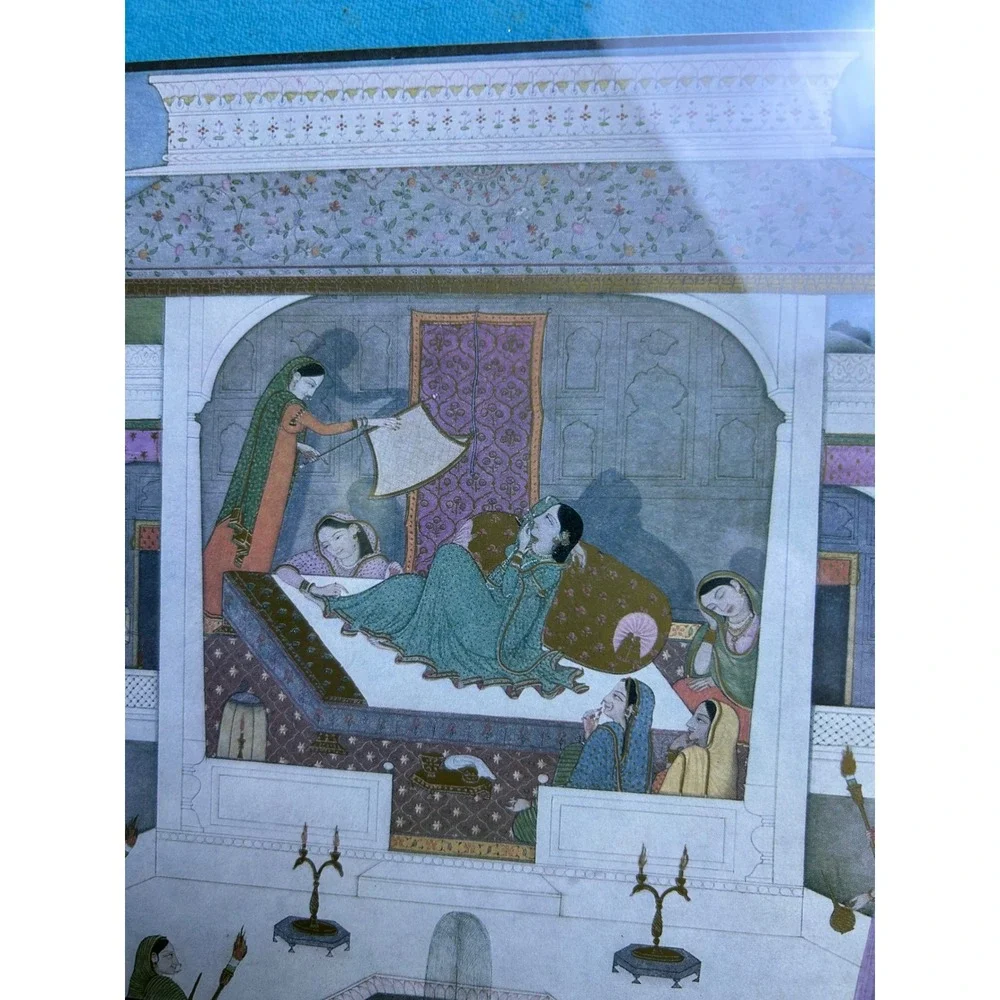 Vintage Framed Indian Pahari Mahabharata Print Palace Scene Wall‎ Art